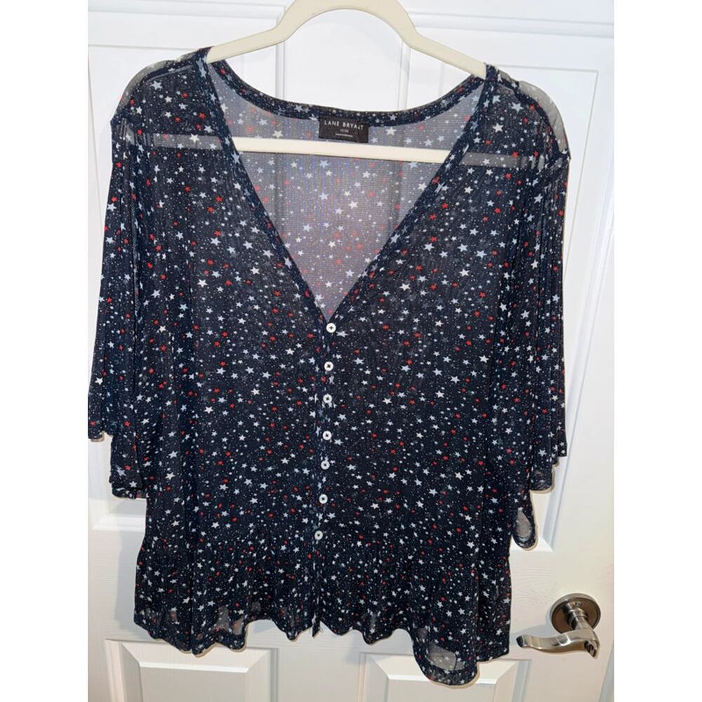 Lane Bryant V Neck Button Front Mesh Red White Blue Stars Plus 22/24 3X
